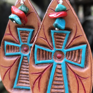 Leather Western Cross w/Turquoise & Coral
