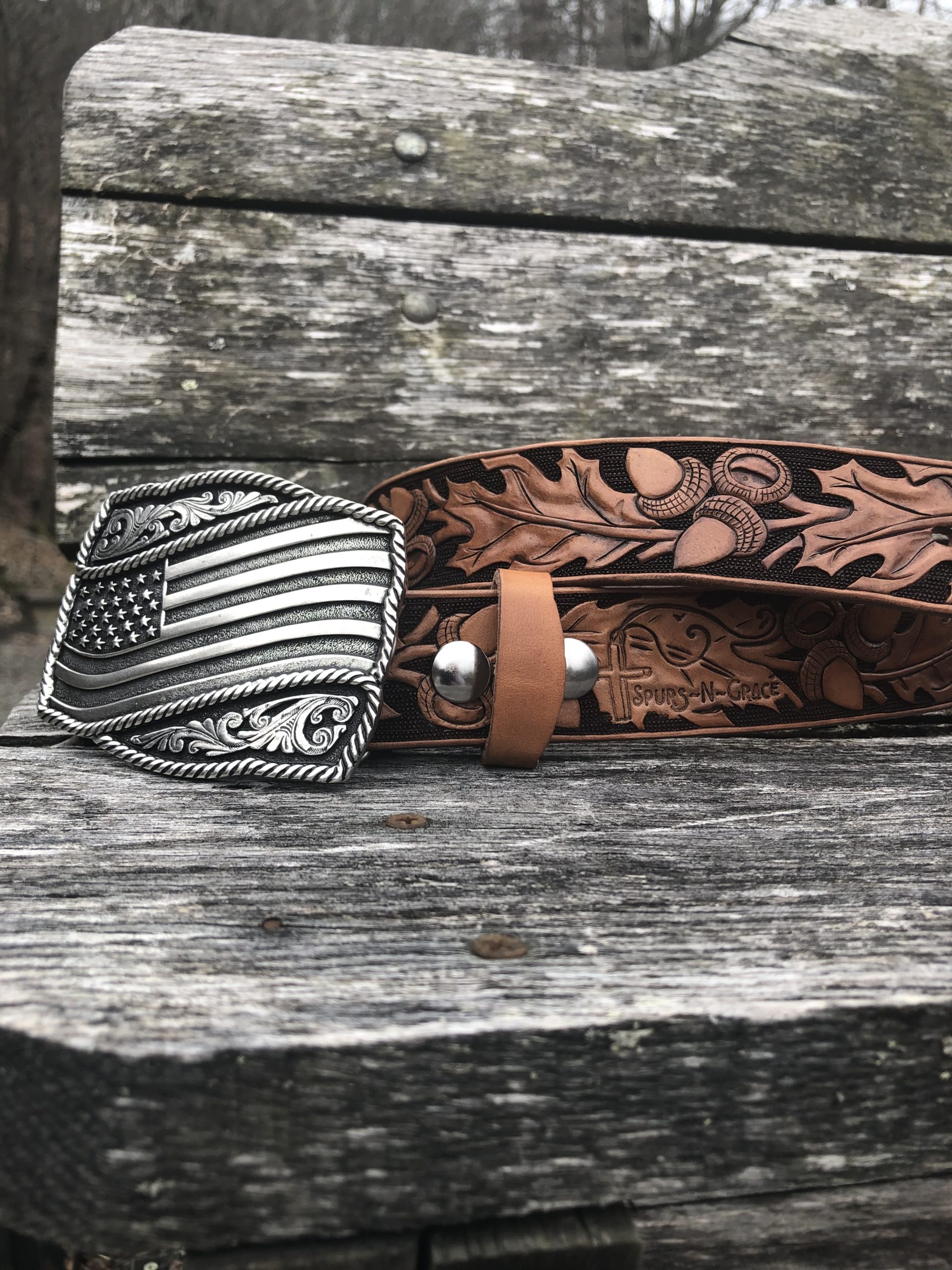 American Flag Buckle on Oak Leaf Belt